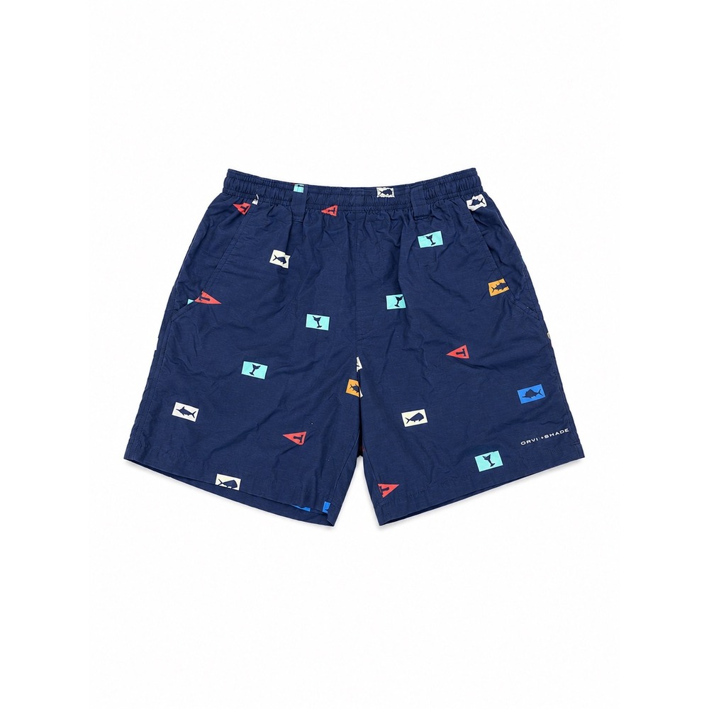 Columbia PFG Mens Navy Blue Nautical Fish Print Omni-Shade Shorts Size Small 6"